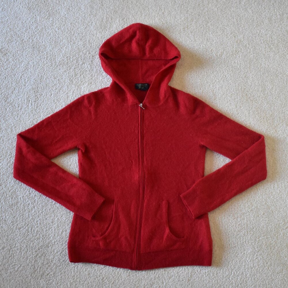 CASHMERE Charter Club Luxury 100% Cashmere Zip Up Hooded Red Sweater Small